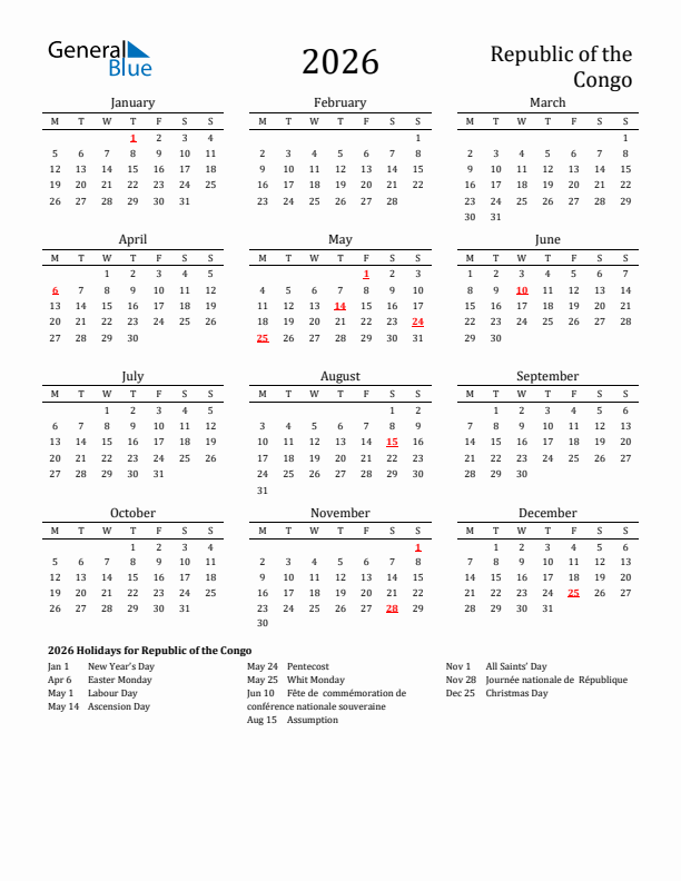 Republic of the Congo Holidays Calendar for 2026