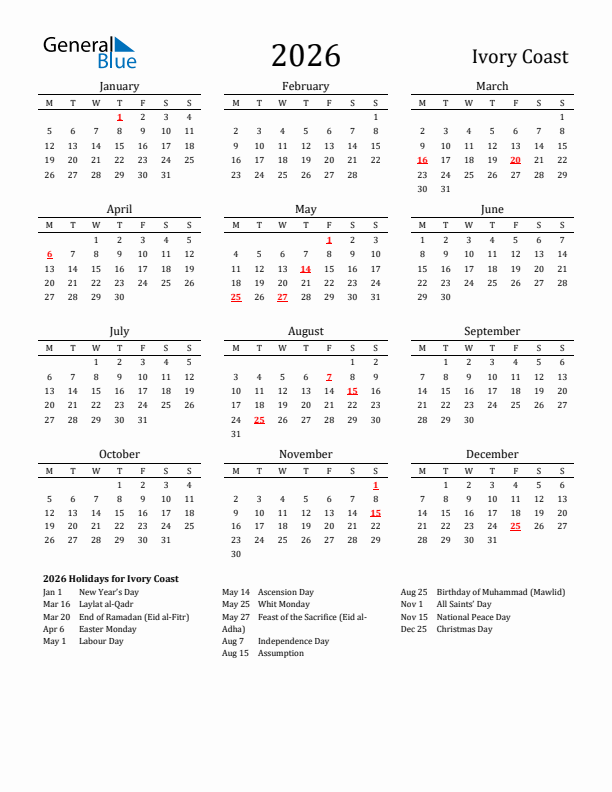 Ivory Coast Holidays Calendar for 2026