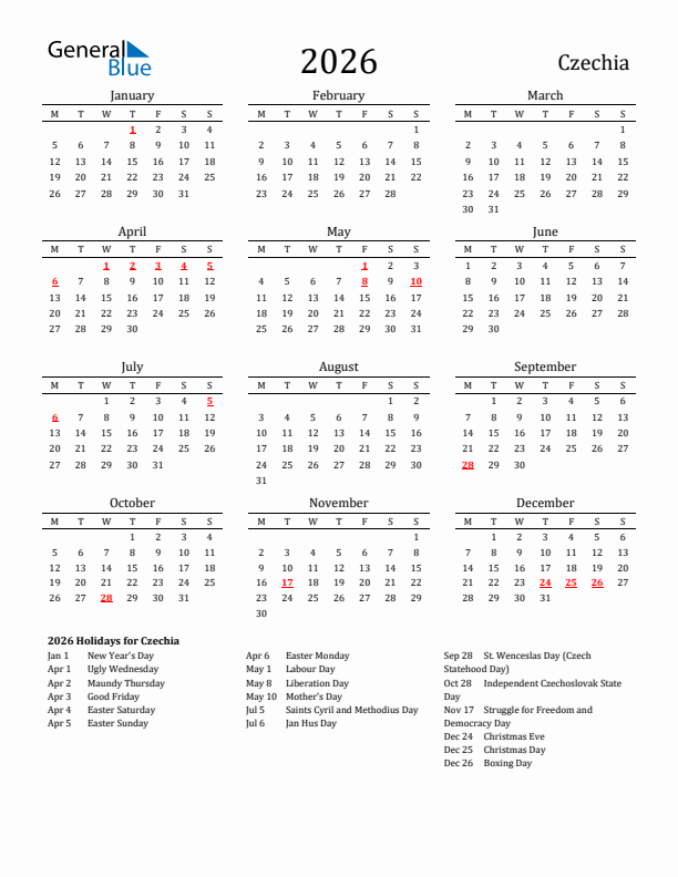 Czechia Holidays Calendar for 2026