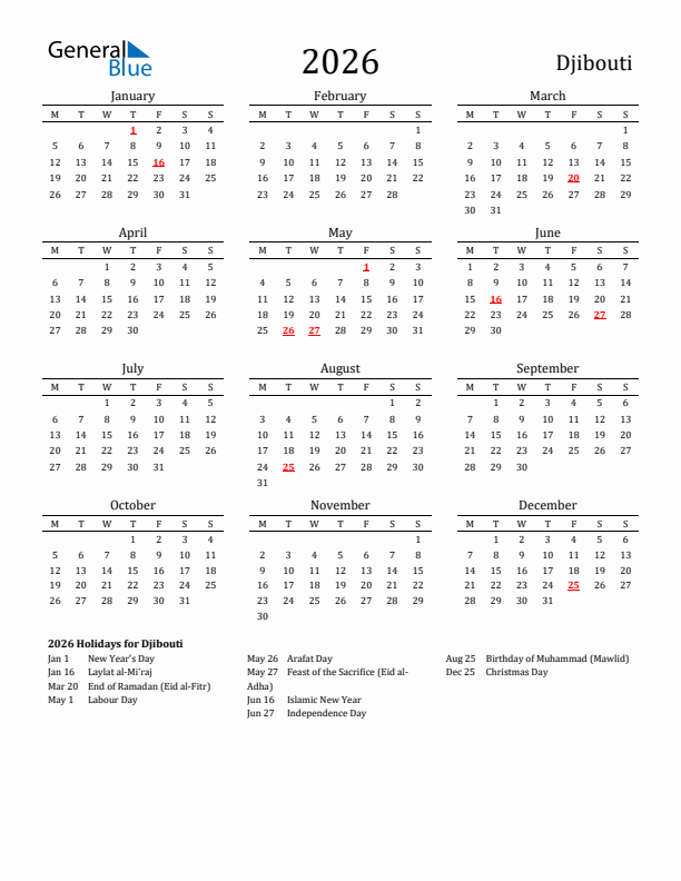 Djibouti Holidays Calendar for 2026