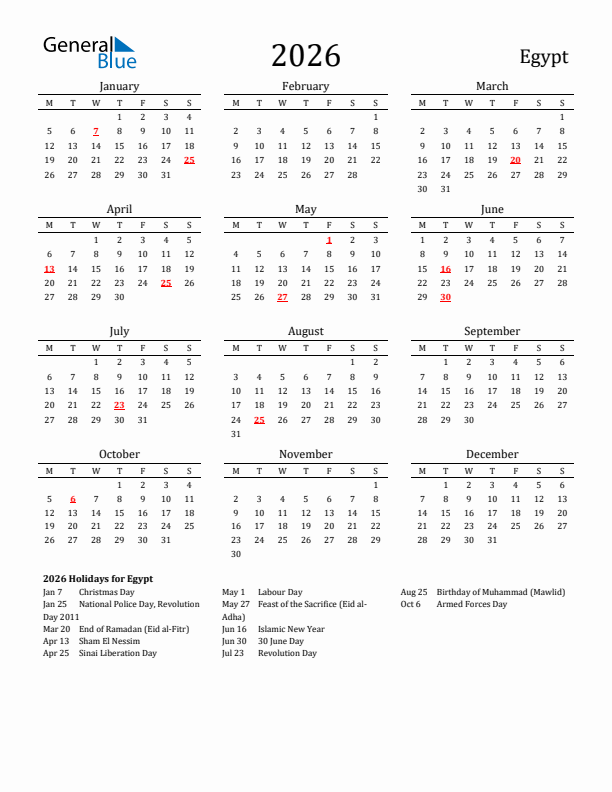 Egypt Holidays Calendar for 2026