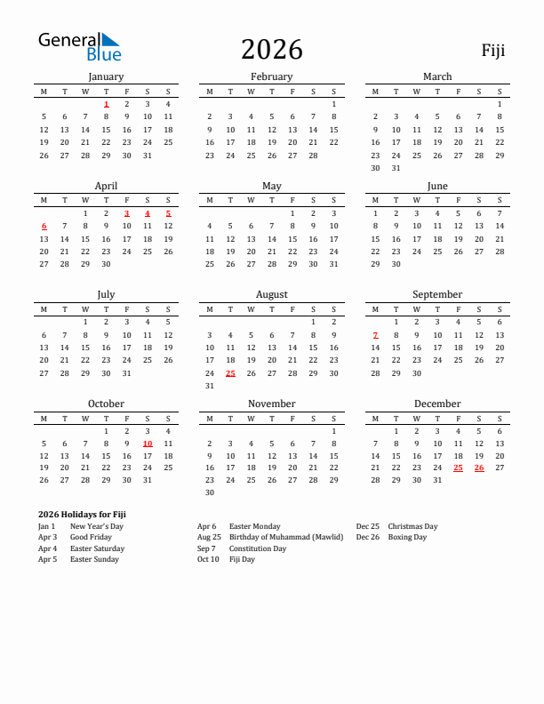 Fiji Holidays Calendar for 2026