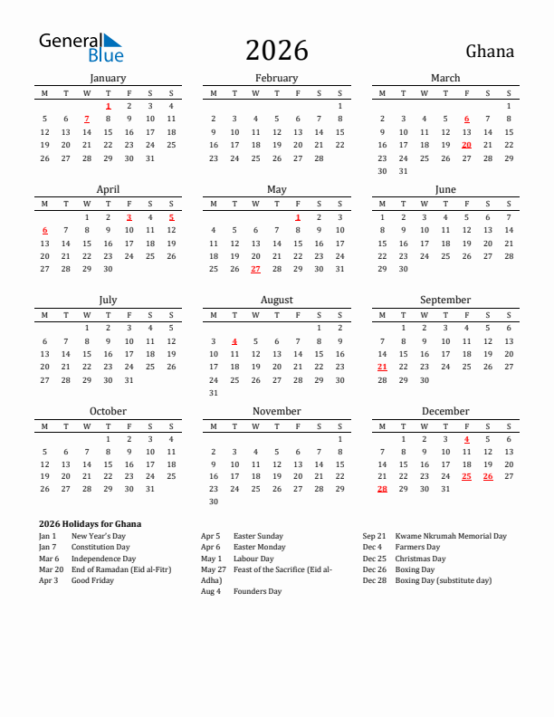 Ghana Holidays Calendar for 2026
