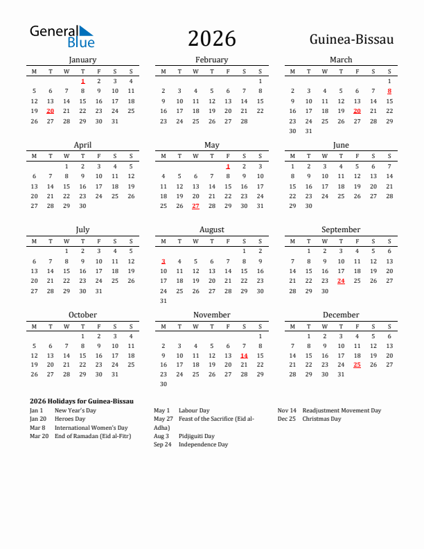 Guinea-Bissau Holidays Calendar for 2026