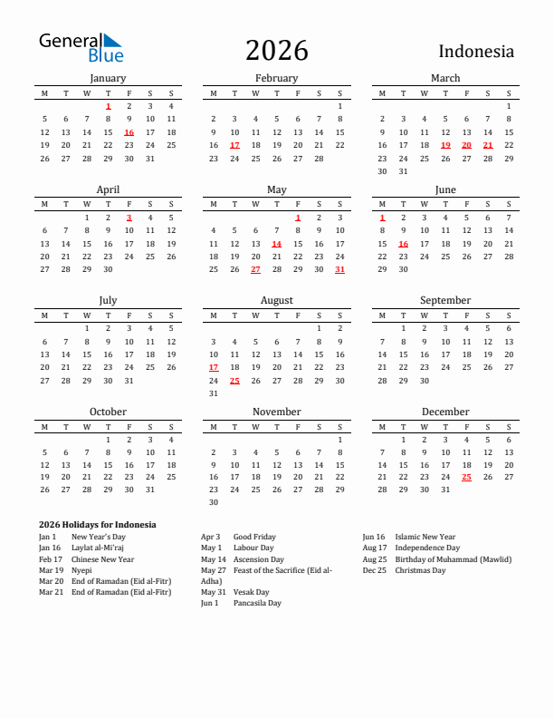 Indonesia Holidays Calendar for 2026