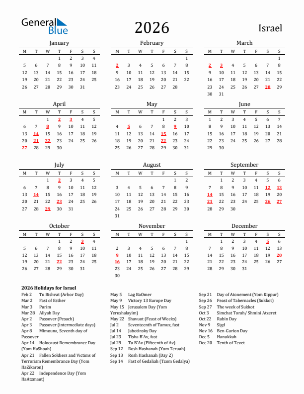 Israel Holidays Calendar for 2026