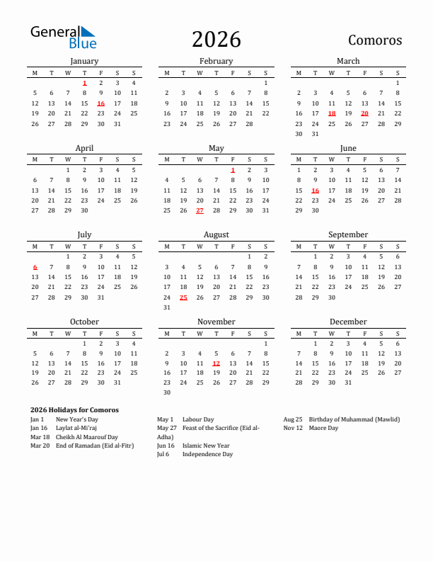 Comoros Holidays Calendar for 2026