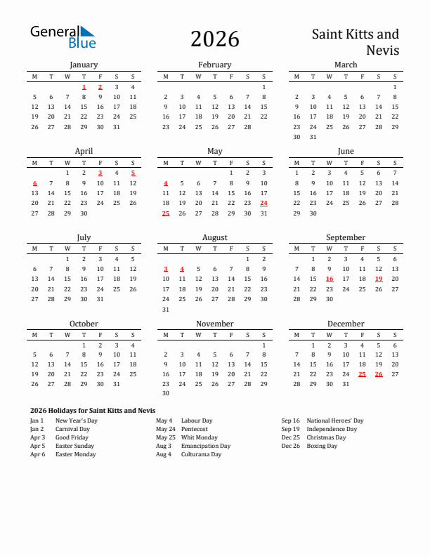 Saint Kitts and Nevis Holidays Calendar for 2026