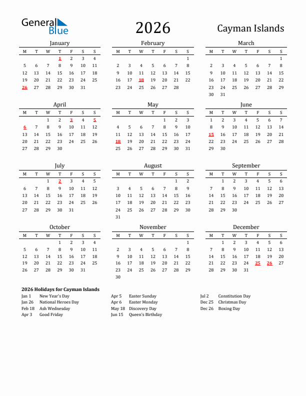 Cayman Islands Holidays Calendar for 2026