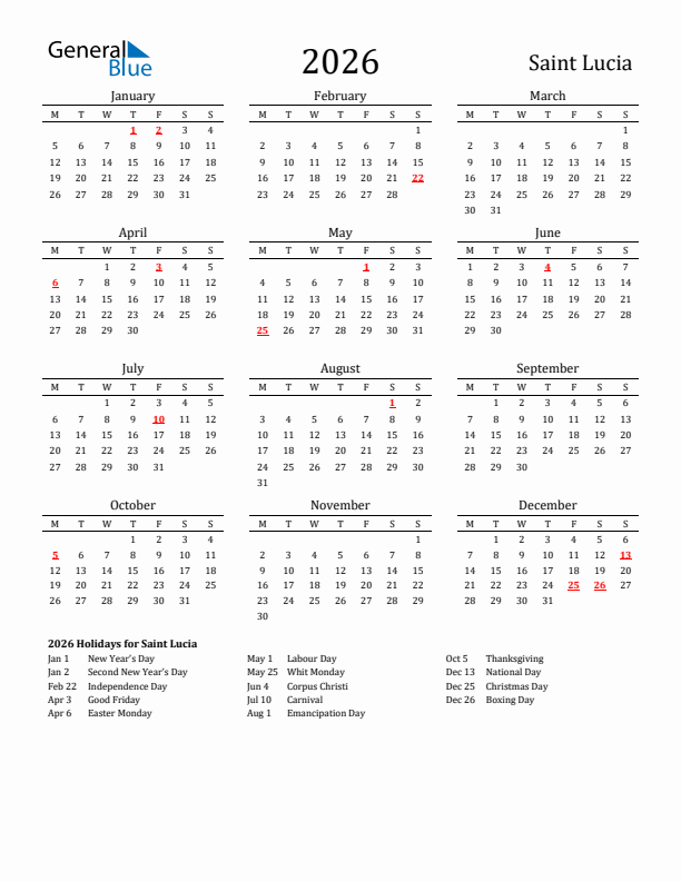 Saint Lucia Holidays Calendar for 2026