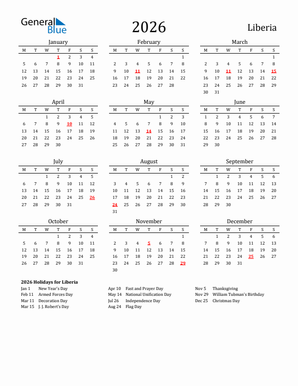 Liberia Holidays Calendar for 2026