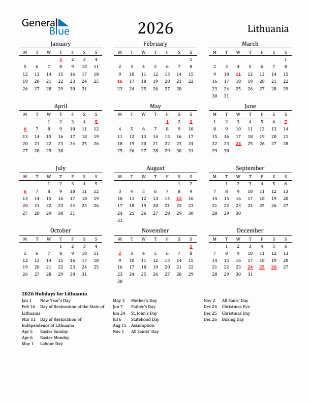 Lithuania Holidays Calendar for 2026