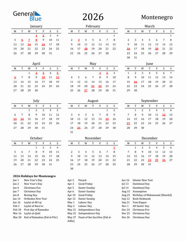 Montenegro Holidays Calendar for 2026