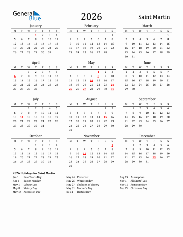 Saint Martin Holidays Calendar for 2026