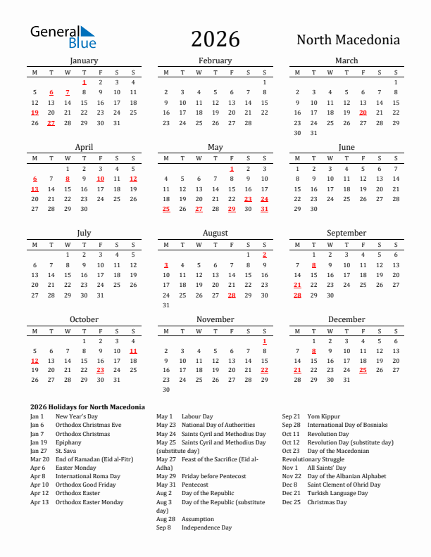 North Macedonia Holidays Calendar for 2026