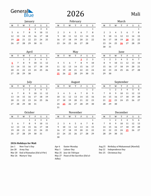 Mali Holidays Calendar for 2026