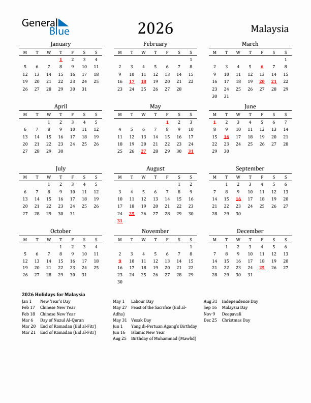 Malaysia Holidays Calendar for 2026
