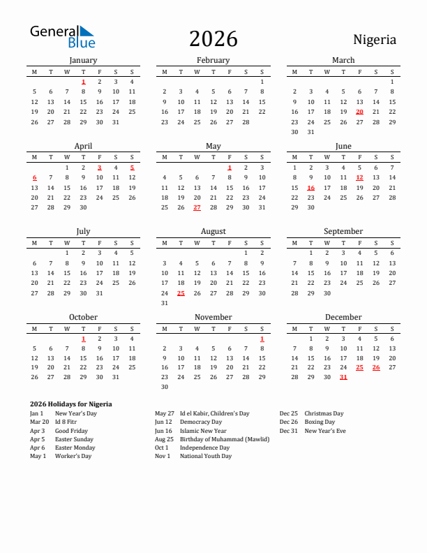 Nigeria Holidays Calendar for 2026