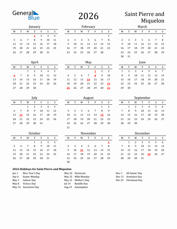 Saint Pierre and Miquelon Holidays Calendar for 2026