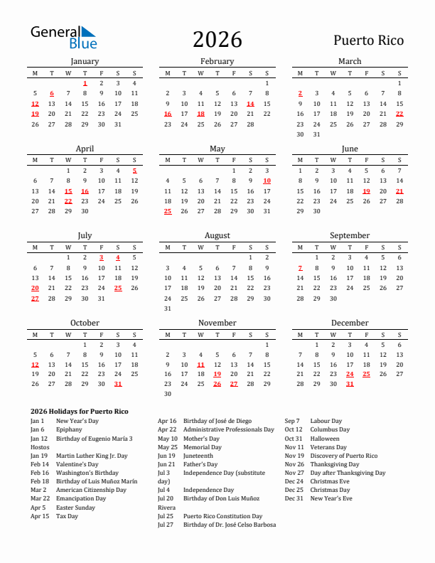 Puerto Rico Holidays Calendar for 2026