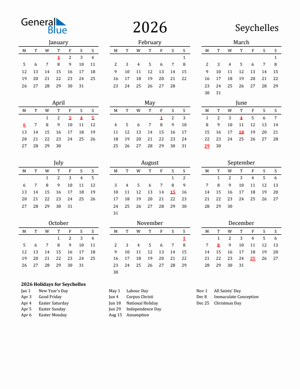 Seychelles Holidays Calendar for 2026