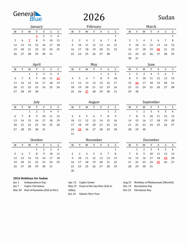 Sudan Holidays Calendar for 2026