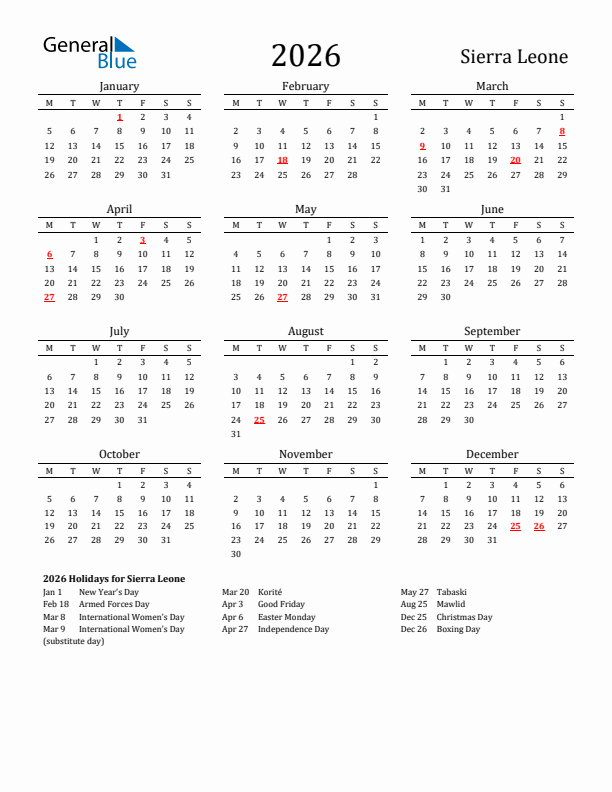 Sierra Leone Holidays Calendar for 2026