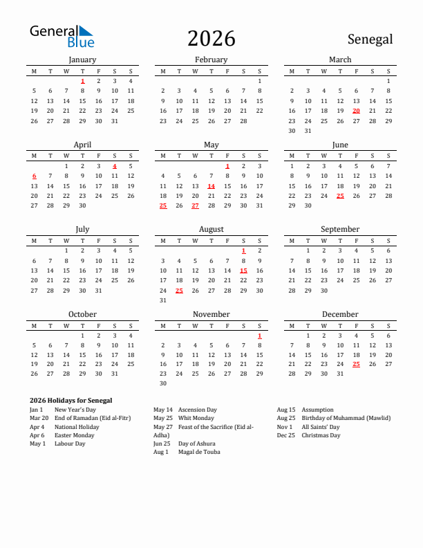 Senegal Holidays Calendar for 2026