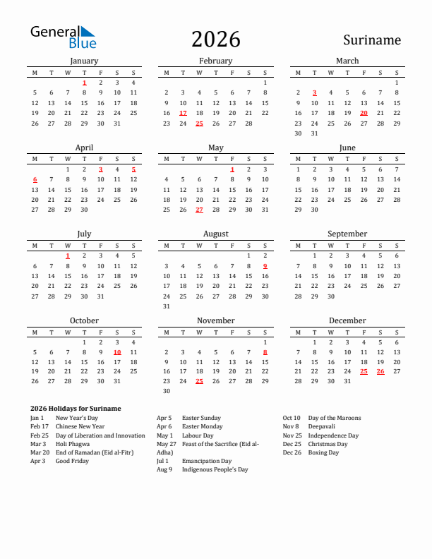Suriname Holidays Calendar for 2026