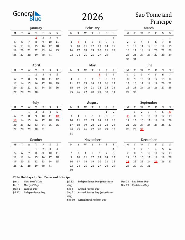 Sao Tome and Principe Holidays Calendar for 2026