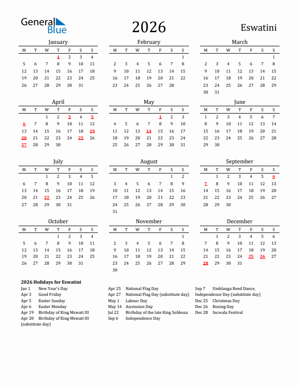 Eswatini Holidays Calendar for 2026
