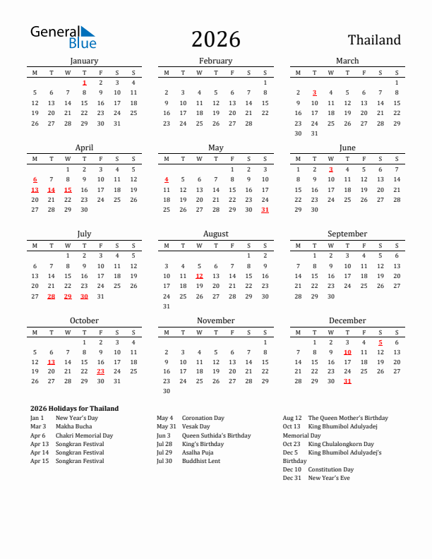 Thailand Holidays Calendar for 2026