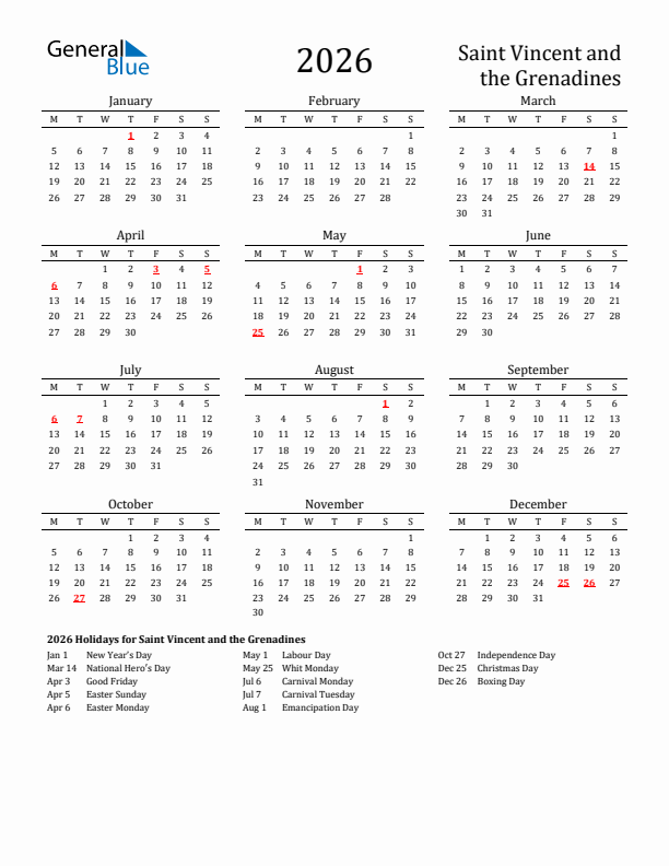 Saint Vincent and the Grenadines Holidays Calendar for 2026