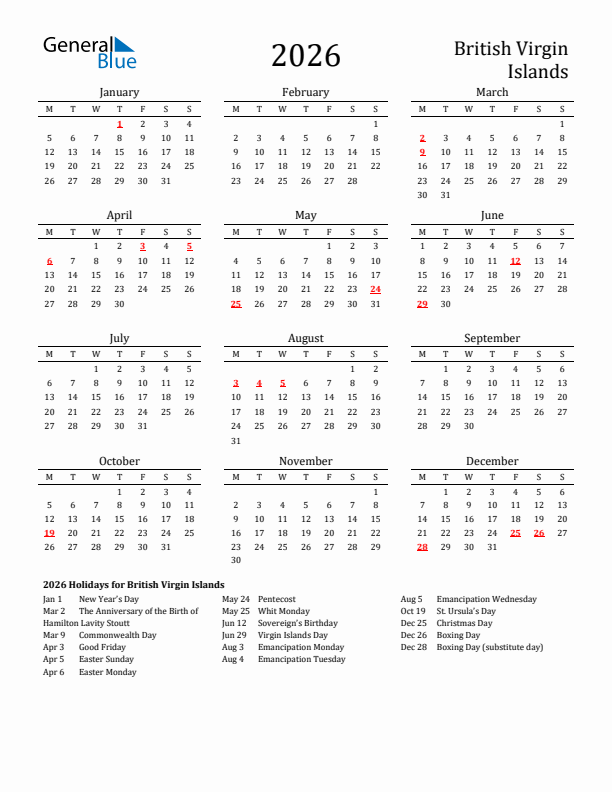 British Virgin Islands Holidays Calendar for 2026
