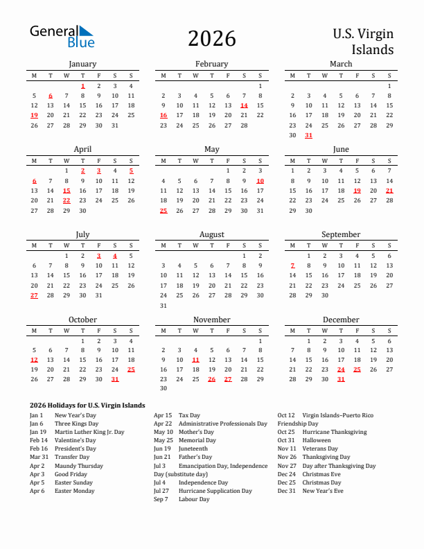 U.S. Virgin Islands Holidays Calendar for 2026