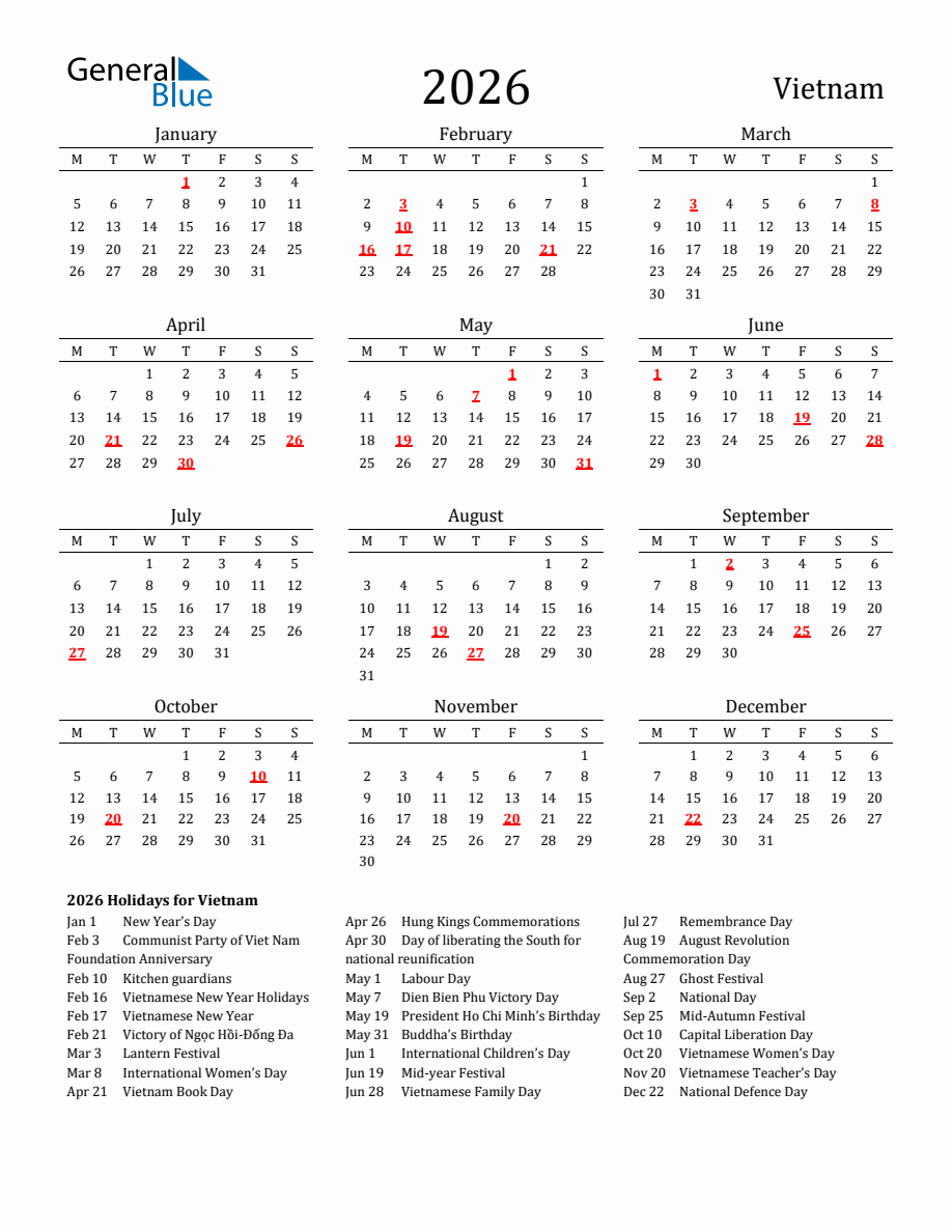 Free Vietnam Holidays Calendar for Year 2026 - Monday Start