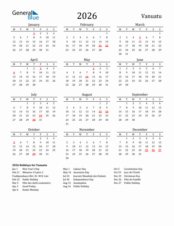 Vanuatu Holidays Calendar for 2026