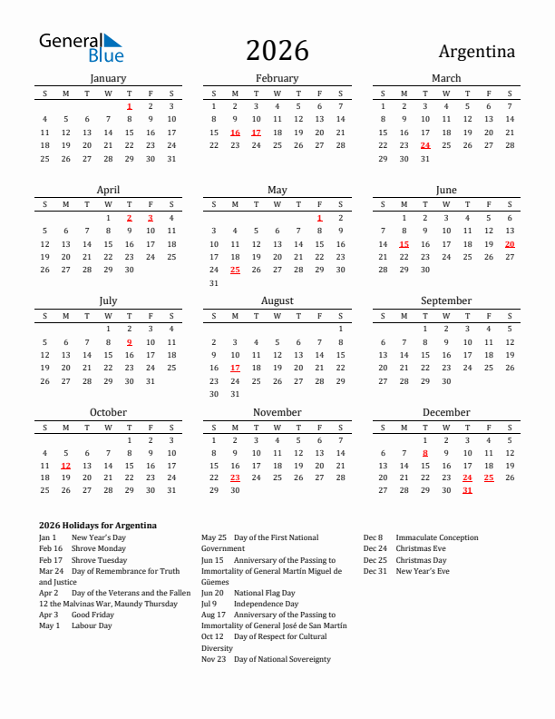 Argentina Holidays Calendar for 2026