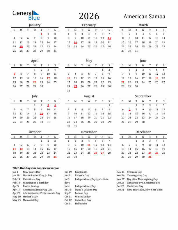 American Samoa Holidays Calendar for 2026