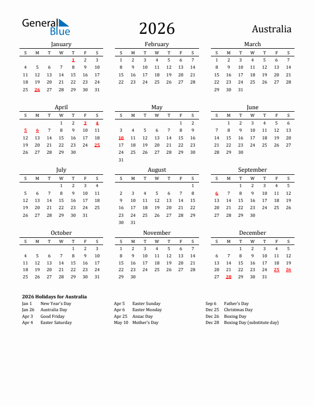 2026 Printable Calendar With Australia Holidays