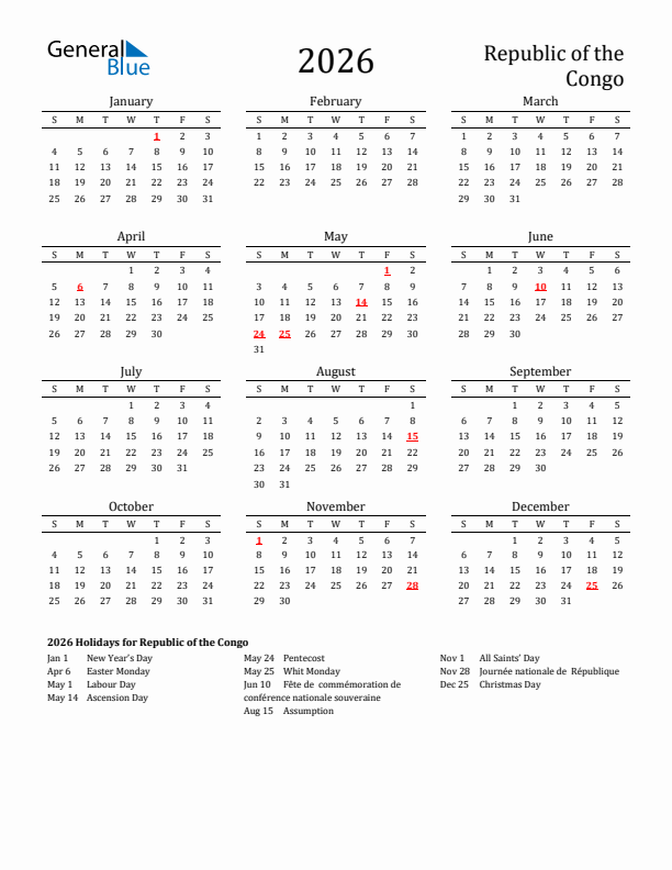Republic of the Congo Holidays Calendar for 2026