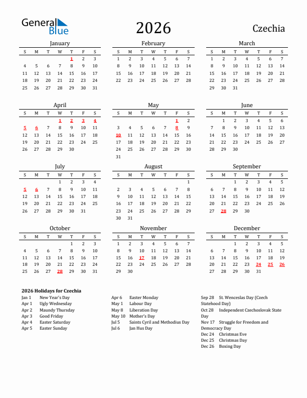 Czechia Holidays Calendar for 2026