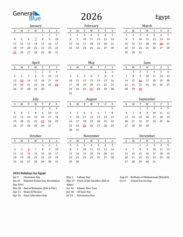 Egypt Holidays Calendar for 2026