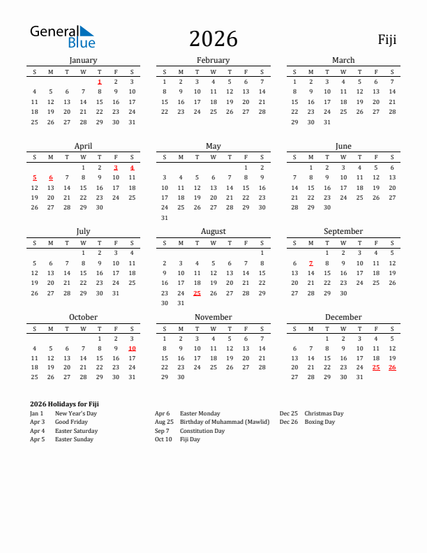 Fiji Holidays Calendar for 2026