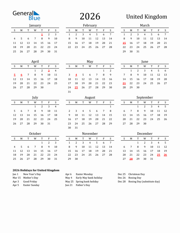 2026 United Kingdom Calendar With Holidays