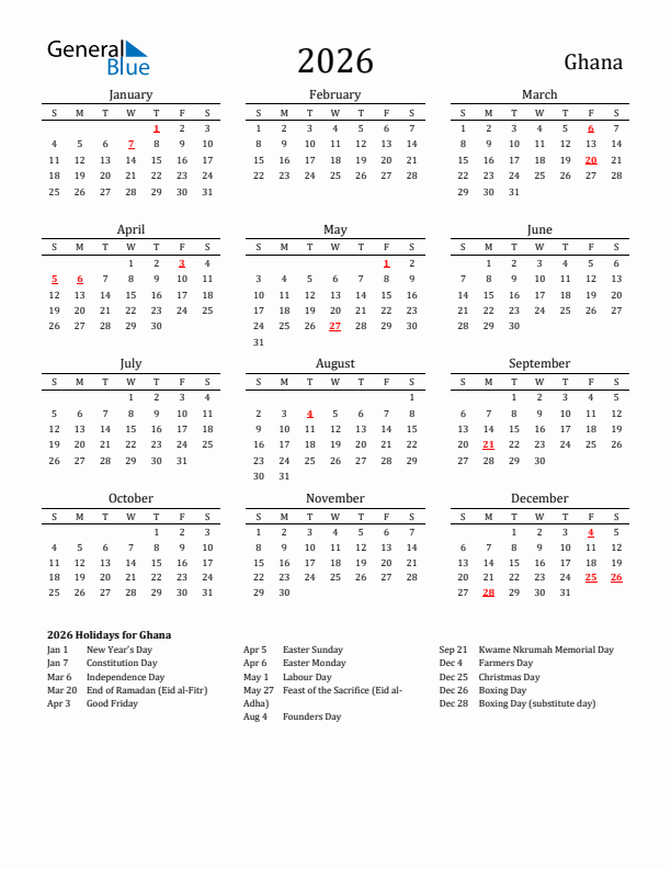 Ghana Holidays Calendar for 2026