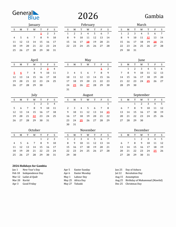 Gambia Holidays Calendar for 2026