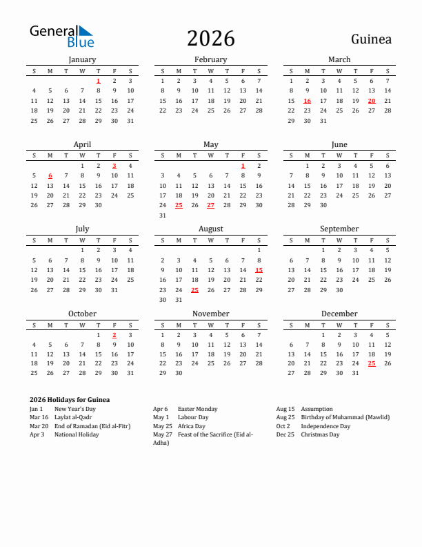 Guinea Holidays Calendar for 2026