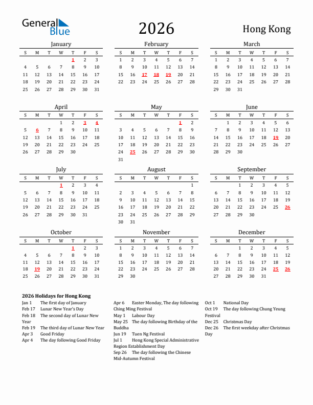 Hong Kong Holidays Calendar for 2026