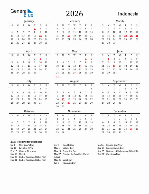 Indonesia Holidays Calendar for 2026
